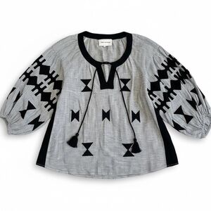 Rose and Rose Black Striped Linen Embroidered Puff Sleeve Boho Blouse Top Large